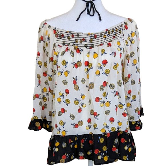 Democracy Smocked Fruit Print Bohemian Peasant Top M - Picture 5 of 9